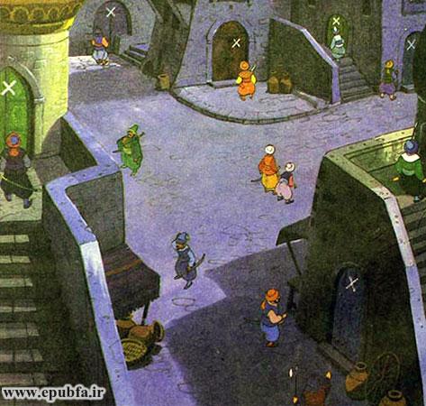 دزدها دیدند که روی در همه خانهها علامت ضربدر هست. آنها نتوانستند علیبابا را پیدا کنند.